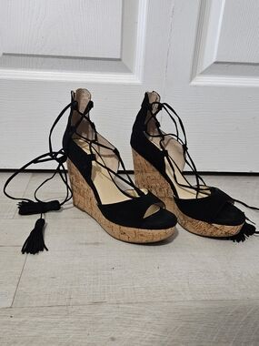 Ivanka Trump Black Lace-Up Cork Wedge Sandals